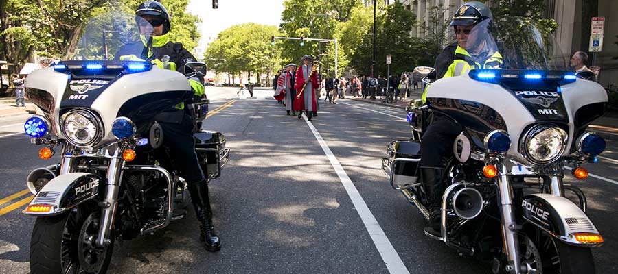 MIT Police lead the Commencement Procession on Massachusetts Avenue; photo: Jake Belcher