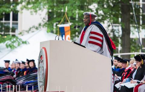 Doctoral Ceremony speaker Dr. Squire Booker PhD '94 addresses the candidates; photo: Jake Belcher