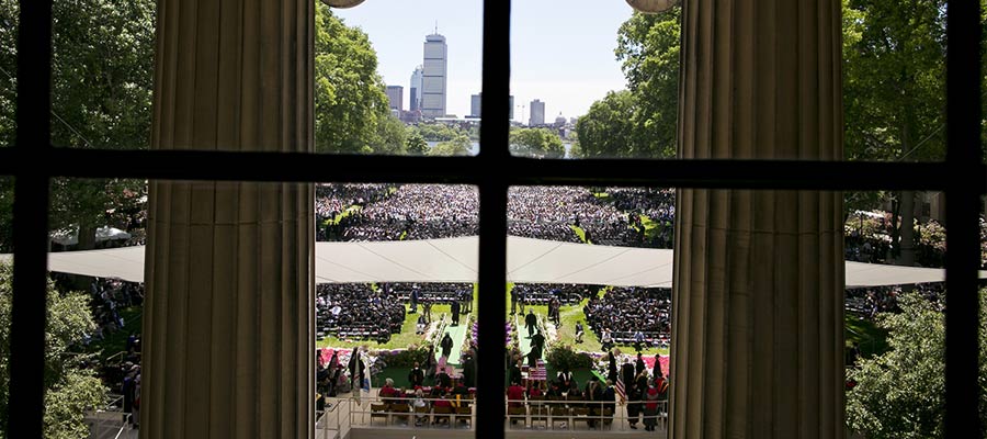 Image of Killian Court taken from inside Building 10 and overlooking the Court and Boston skyline; photo: Dominick Reuter