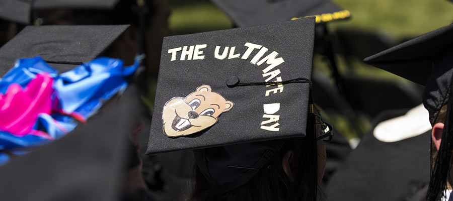 Image of a student's decorated mortar board, which has an image of Tim the Beaver, MIT's mascot; photo: Dominick Reuter