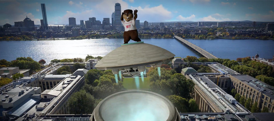 Tim the Beaver on top of Dome that looks like a UFO taking off