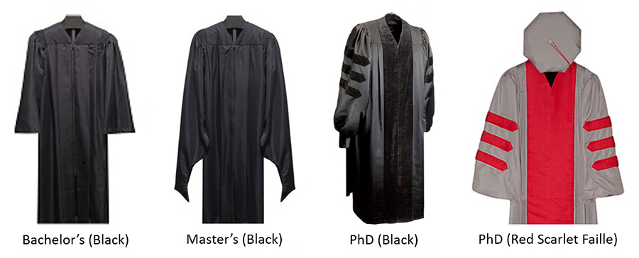 Four different types of regalia: bachelor's, master's, P H D black, and P H D red scarlet faille