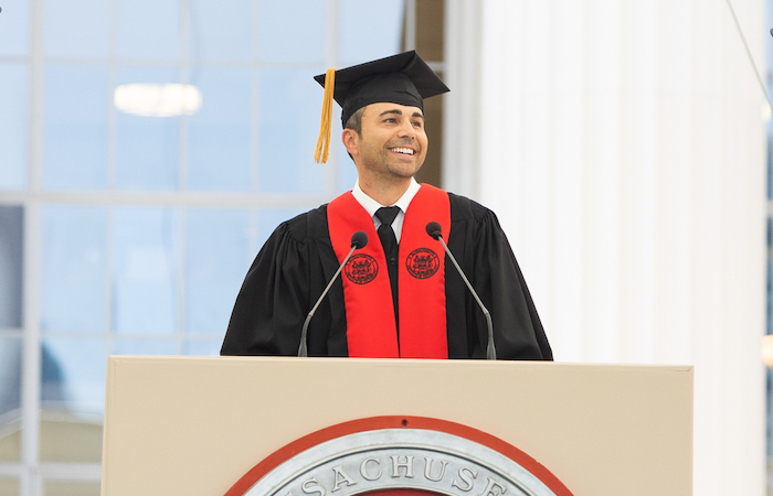 Image of Mark Rober, smiling while giving the Commencement 2023 address | Photo by Jake Belcher