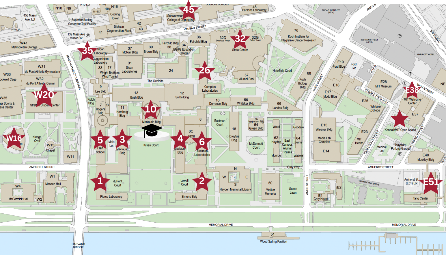 Map of MIT campus with stars indicating where indoor viewing locations are during the OneMIT Commencement Ceremony