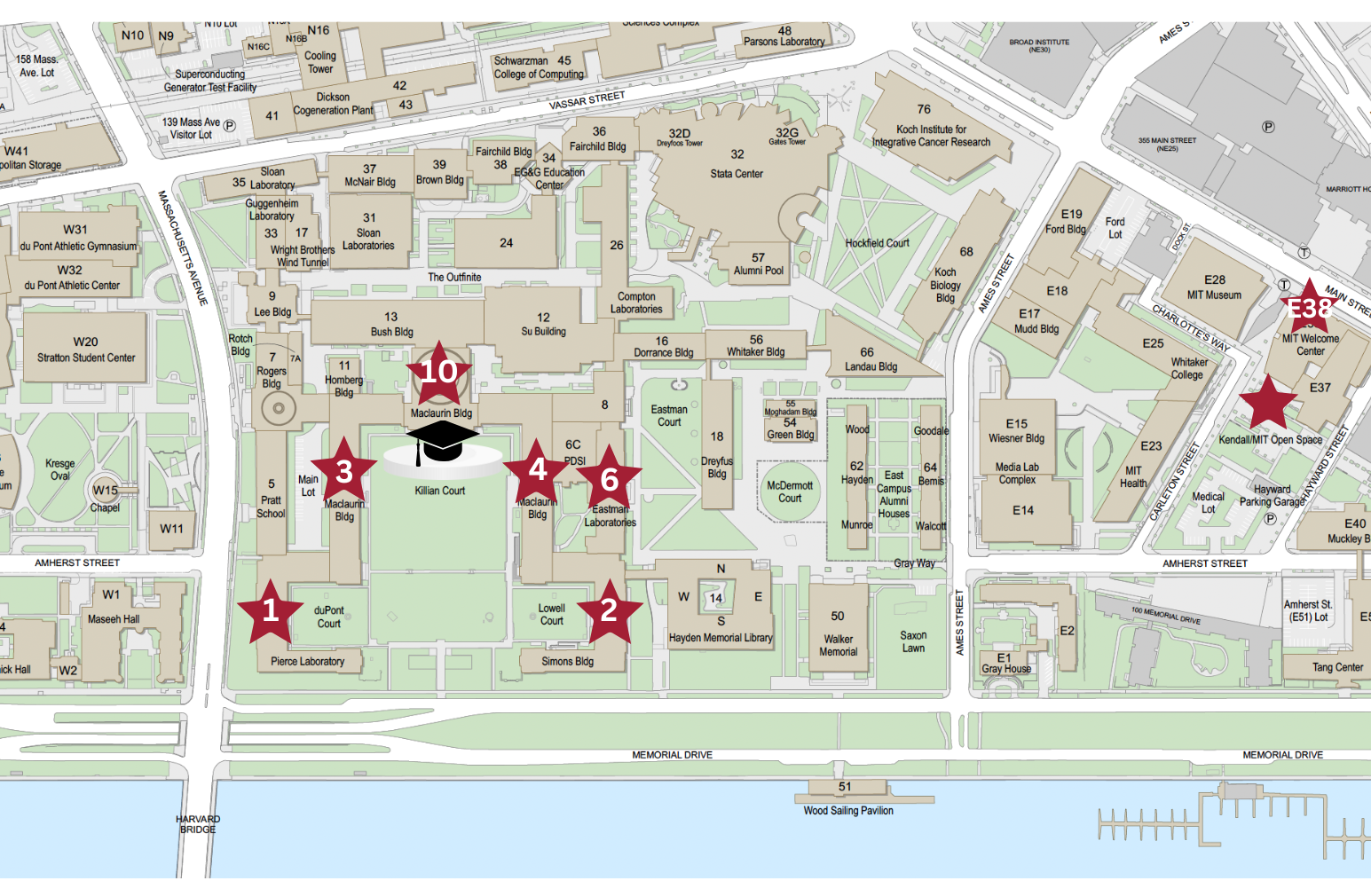 Map of MIT campus with stars indicating where indoor viewing locations are during the School of Engineering & MIT Schwarzman College of Computing Advanced Degree Ceremony