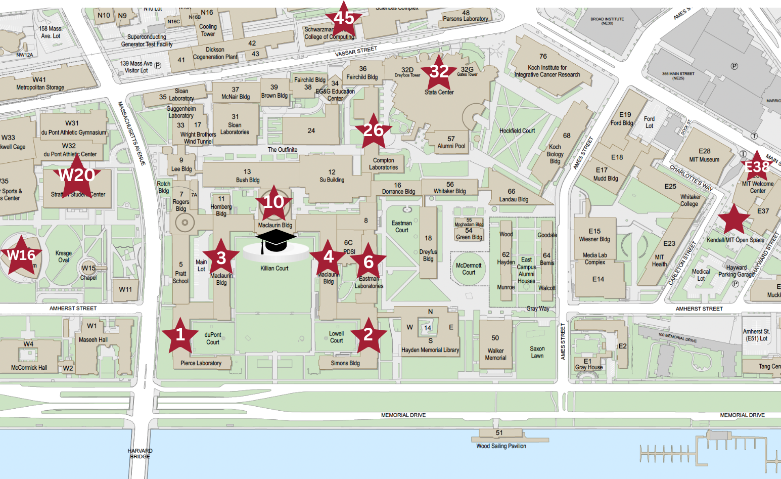 Map of MIT campus with stars indicating where indoor viewing locations are during the Undergraduate Ceremony