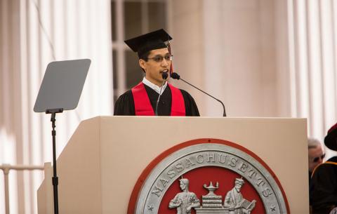 Peter Su, President of the Graduate Student Council, addresses the class of 2019