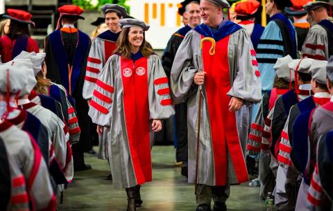 Chancellor Cynthia Barnhart SM '86 PhD '88 and W. Craig Carter, secretary of the faculty, lead the procession. 