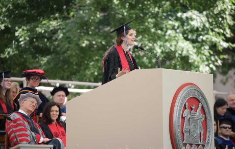 Sarah Goodman, president of the Graduate Student Council, addresses the class of 2018