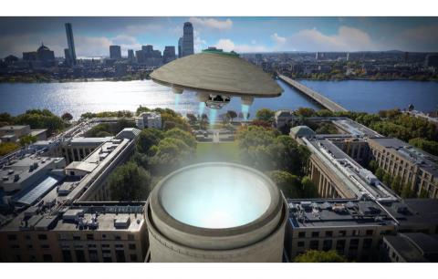 Still image of the top of the Great Dome blasting off as a spaceship