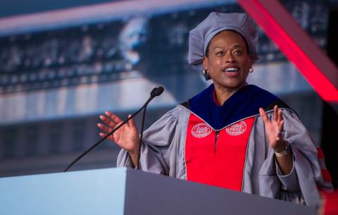 Image of Chancellor Melissa Nobles speaking at the Undergraduate Ceremony