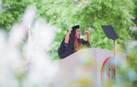Image of Kealoha Wong delivering the keynote speech at the Special Ceremony for the Classes of 2020 and 2021