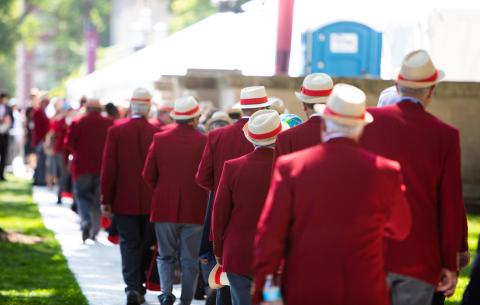 Image of the Alumni Parade, Members of the Class of 1973, walking in the procession