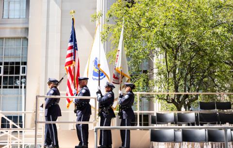 Image of the MIT Police Honor Guard placing the flags at the beginning of the OneMIT Commencement Ceremony