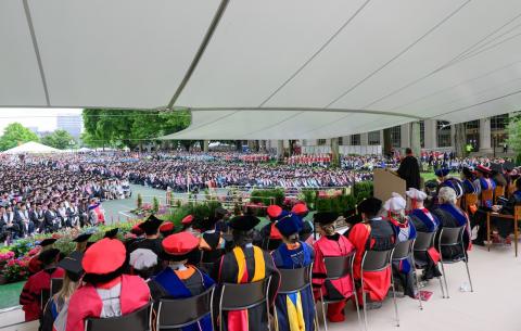 Image from the back of the Commencement stage looking out toward the audience