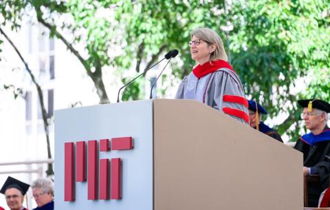 Image of President Sally Kornbluth at the podium delivering the welcome during the Undergraduate Ceremony