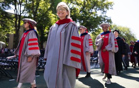 Image of President Sally Kornbluth smiling during the Academic Procession into Killian Court